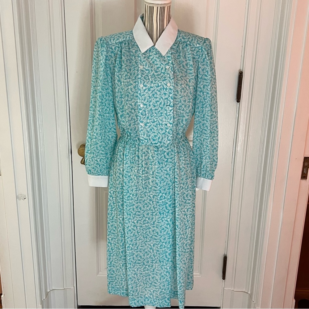 Vintage Samantha Steven’s petites teal bow print dress D151 Size 14